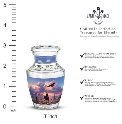 Dusty Blue Cowboy Cremation Urn top-down view of secure threaded lid - contemporary cowboy design with modern artistic flair - mini keepsake memorial for portion of cremation ashes