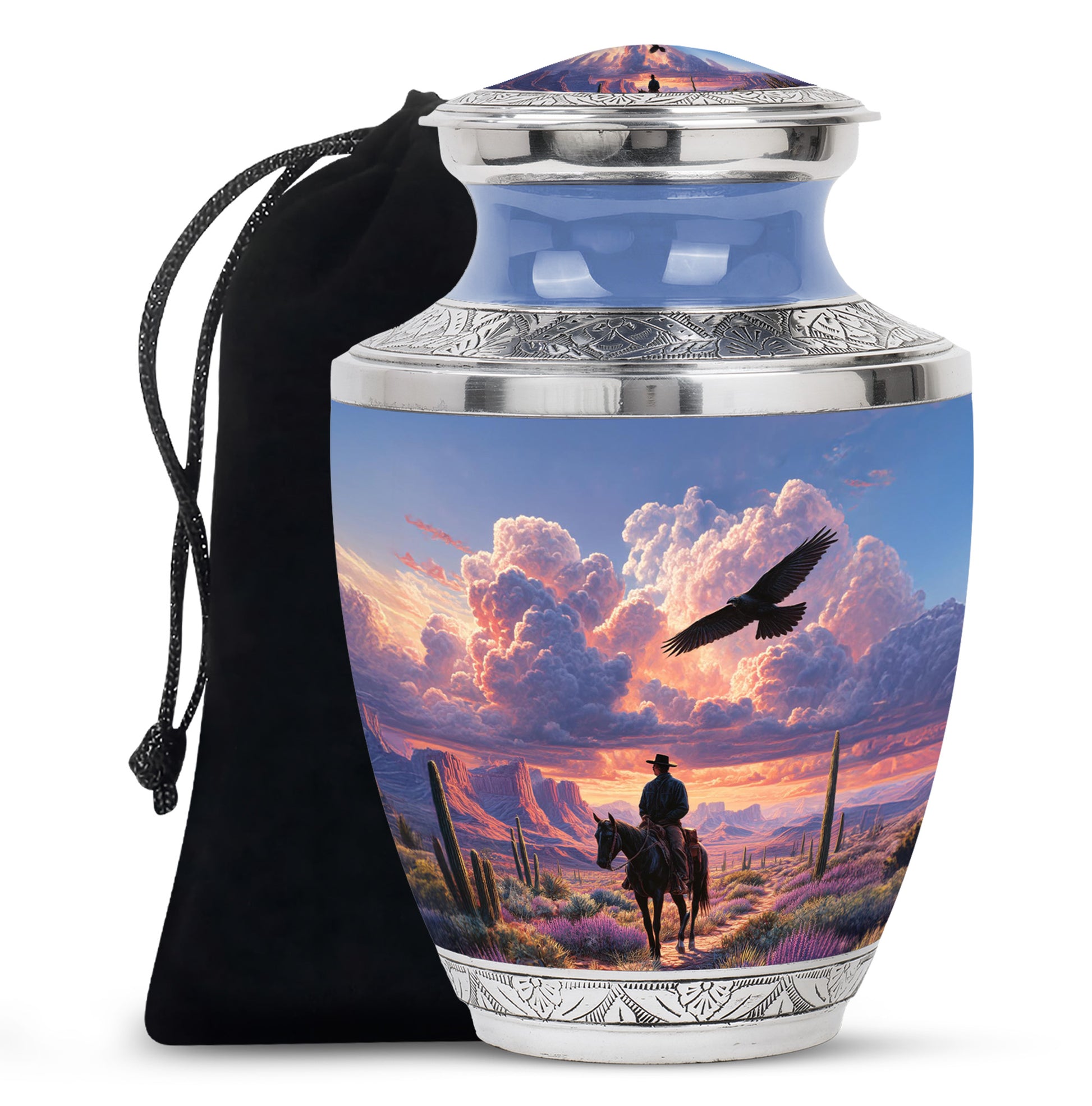 Bright Blue Cowboy Cremation Urn side profile showing urn shape - artistic cowboy interpretation with creative detail - full-size 10 inch 200 cubic inch adult cremation urn