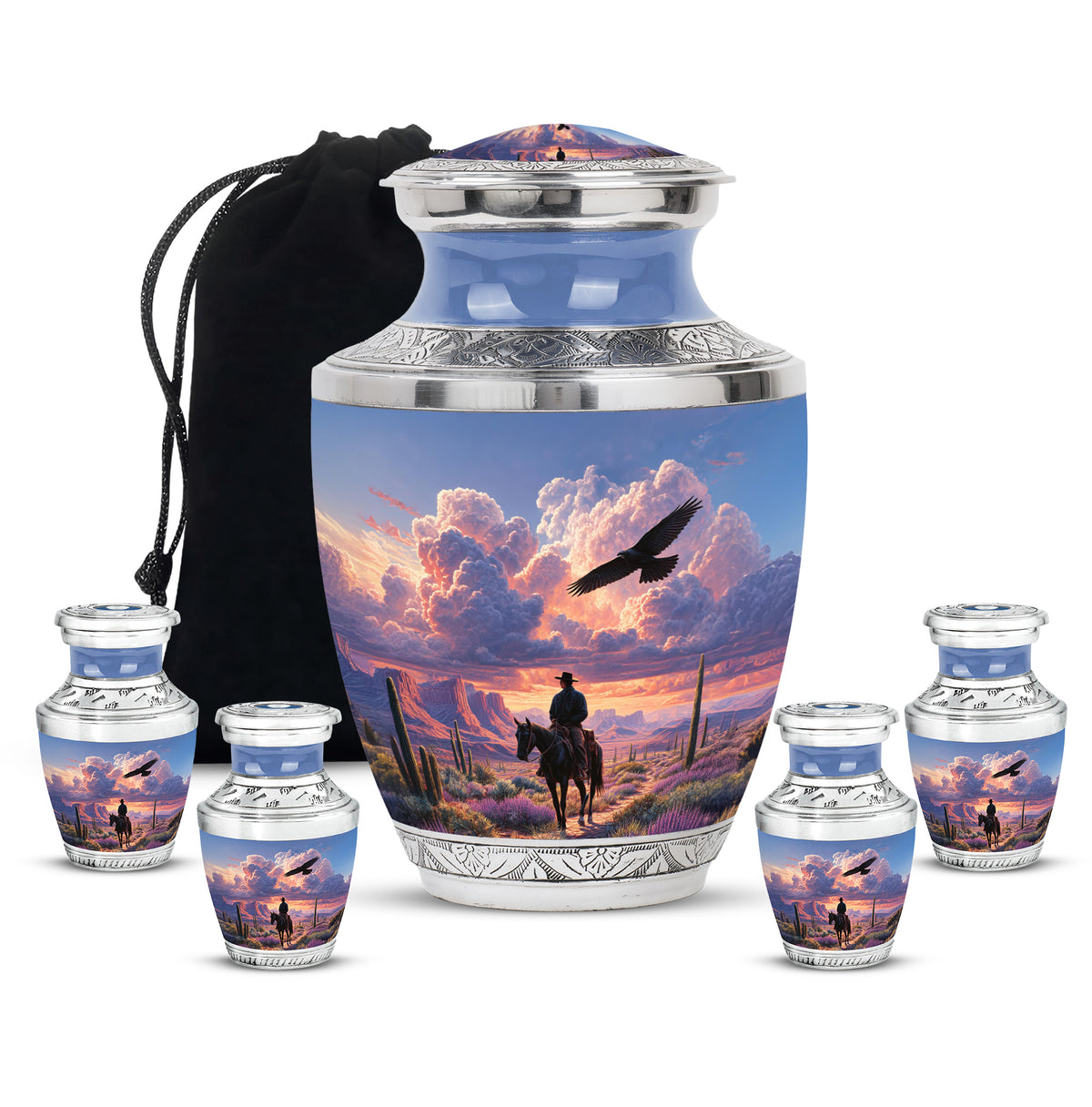 Steel Blue Cowboy Cremation Urn lifestyle display on memorial shelf - stylized abstract cowboy pattern with bold lines - memorial set with one large and four small urns