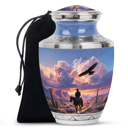 Bright Blue Cowboy Cremation Urn side profile showing urn shape - artistic cowboy interpretation with creative detail - full-size 10 inch 200 cubic inch adult cremation urn