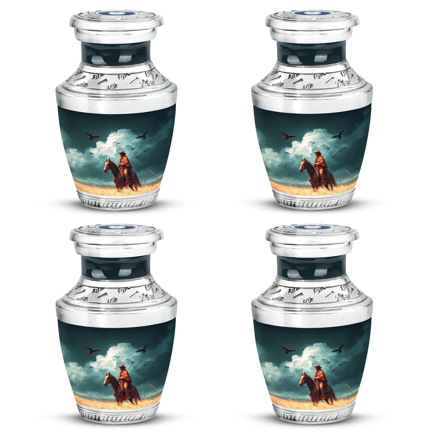 Soft Teal Cowboy Cremation Urn back view with polished surface - contemporary cowboy design with modern artistic flair - 10 inch aluminum urn for cremated remains