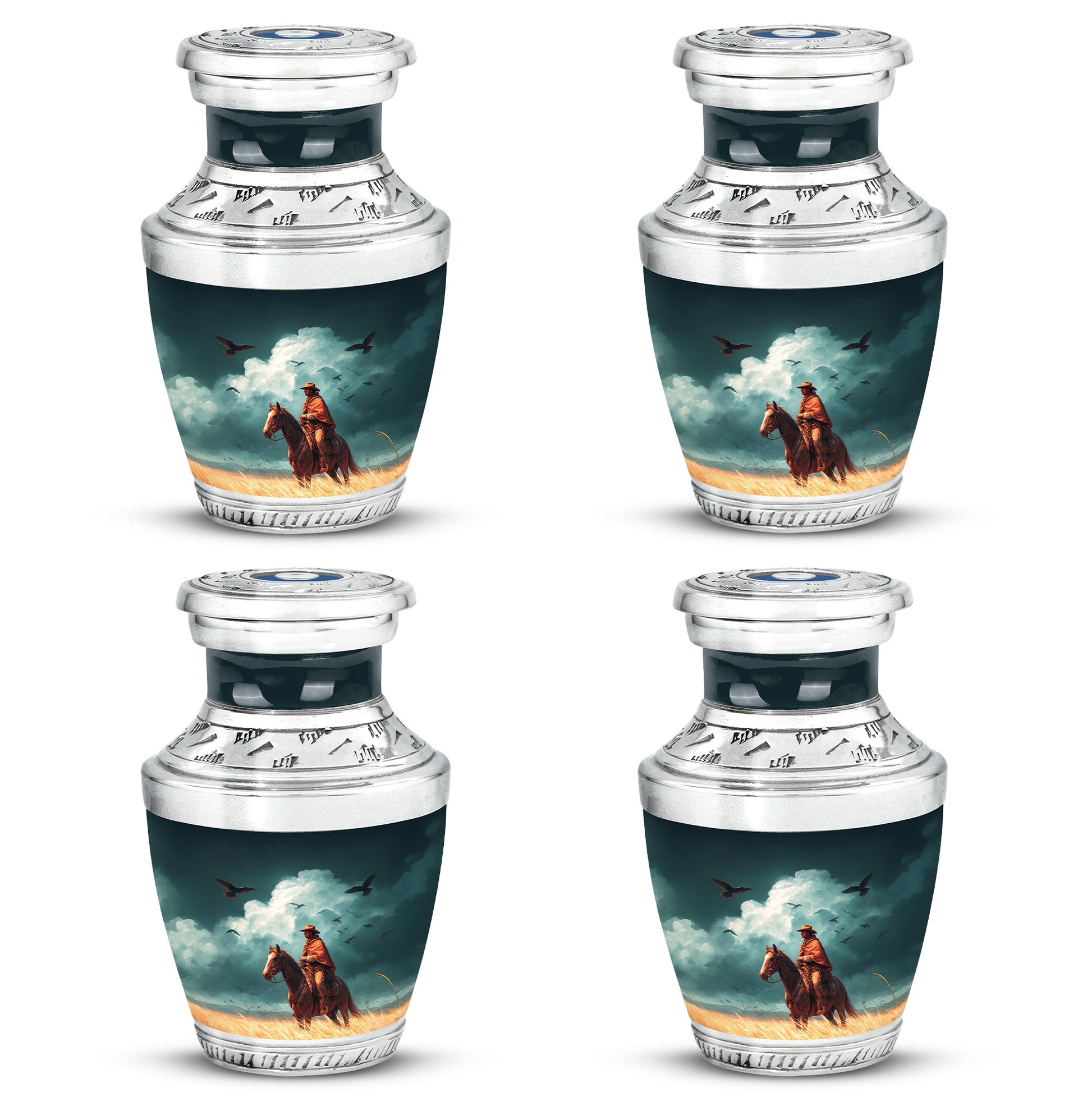 Soft Teal Cowboy Cremation Urn back view with polished surface - contemporary cowboy design with modern artistic flair - 10 inch aluminum urn for cremated remains