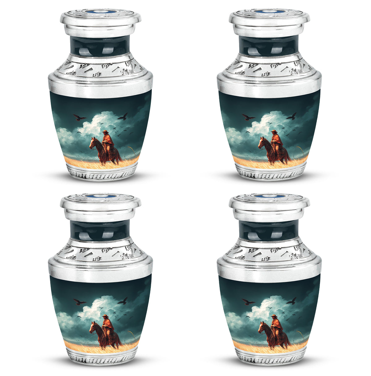 Soft Teal Cowboy Cremation Urn back view with polished surface - contemporary cowboy design with modern artistic flair - 10 inch aluminum urn for cremated remains