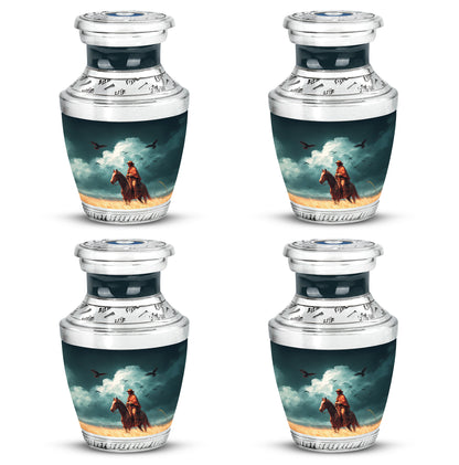 Soft Teal Cowboy Cremation Urn back view with polished surface - contemporary cowboy design with modern artistic flair - 10 inch aluminum urn for cremated remains