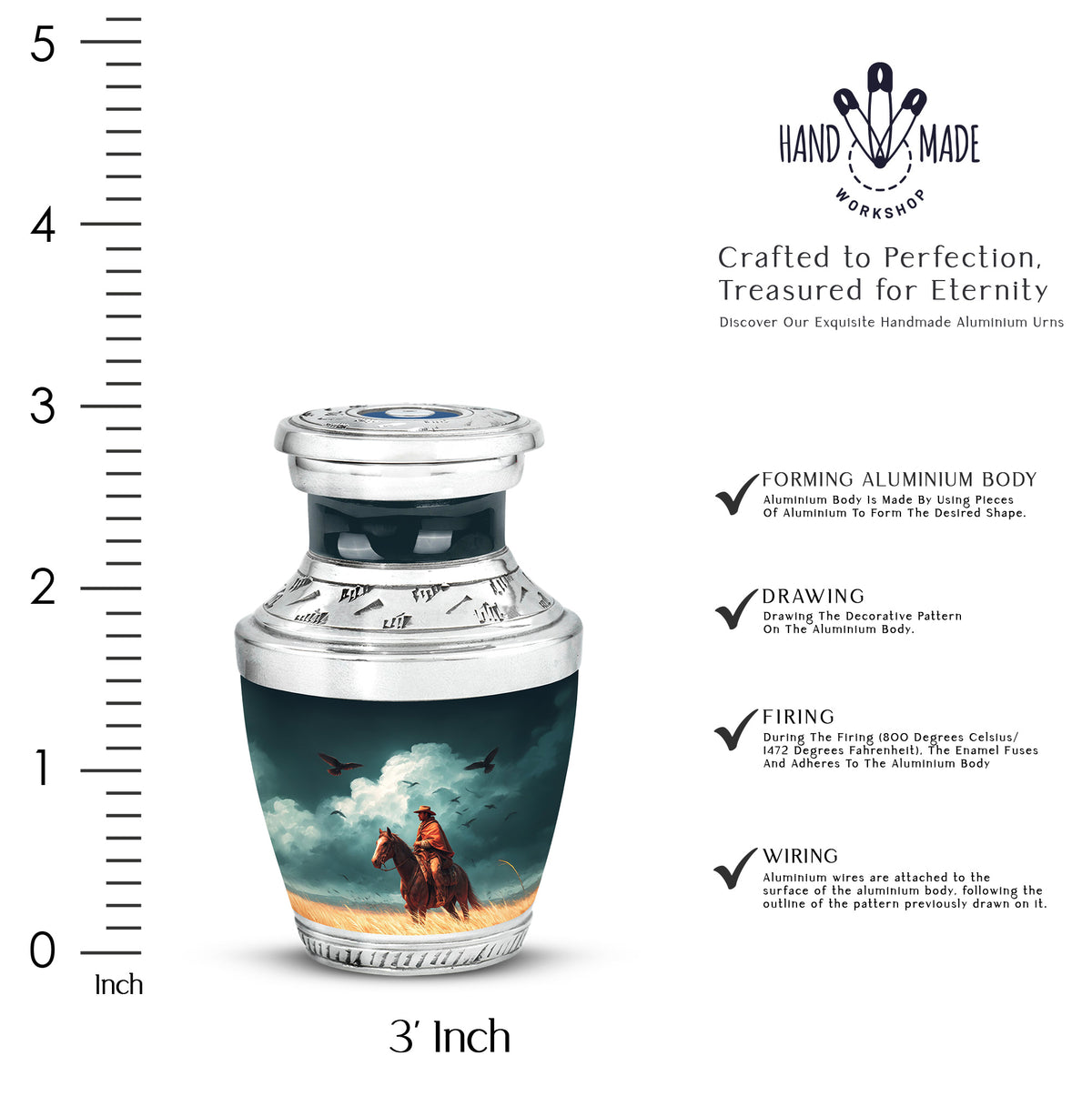 Cool Teal Cowboy Cremation Urn top-down view of secure threaded lid - modern art-inspired cowboy motif on sleek aluminum - mini keepsake memorial for portion of cremation ashes