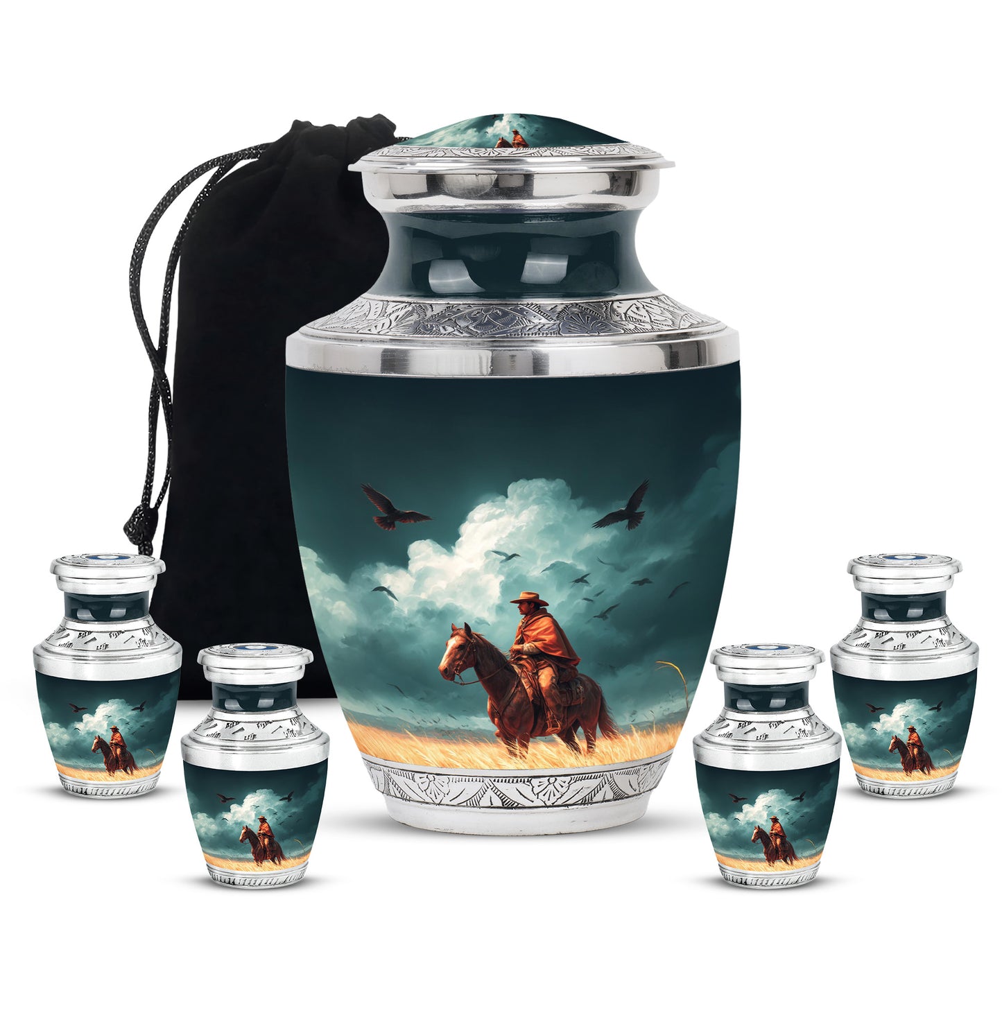 Deep Teal Cowboy Cremation Urn lifestyle display on memorial shelf - artistic cowboy interpretation with creative detail - memorial set with one large and four small urns