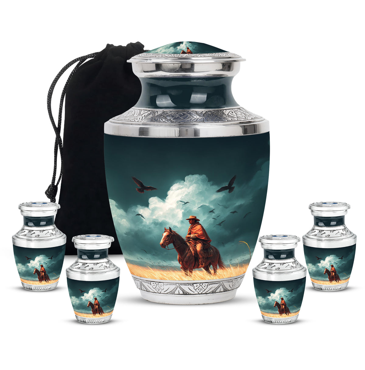 Deep Teal Cowboy Cremation Urn lifestyle display on memorial shelf - artistic cowboy interpretation with creative detail - memorial set with one large and four small urns