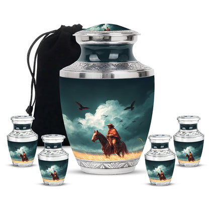 Deep Teal Cowboy Cremation Urn lifestyle display on memorial shelf - artistic cowboy interpretation with creative detail - memorial set with one large and four small urns