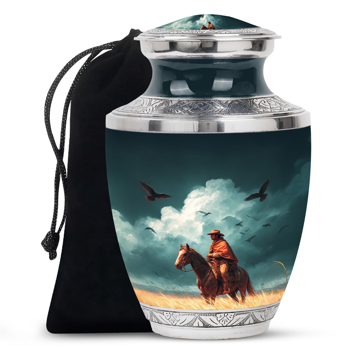 Soft Teal Cowboy Cremation Urn side profile showing urn shape - modern art-inspired cowboy motif on sleek aluminum - full-size 10 inch 200 cubic inch adult cremation urn
