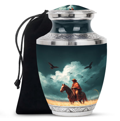 Soft Teal Cowboy Cremation Urn side profile showing urn shape - modern art-inspired cowboy motif on sleek aluminum - full-size 10 inch 200 cubic inch adult cremation urn