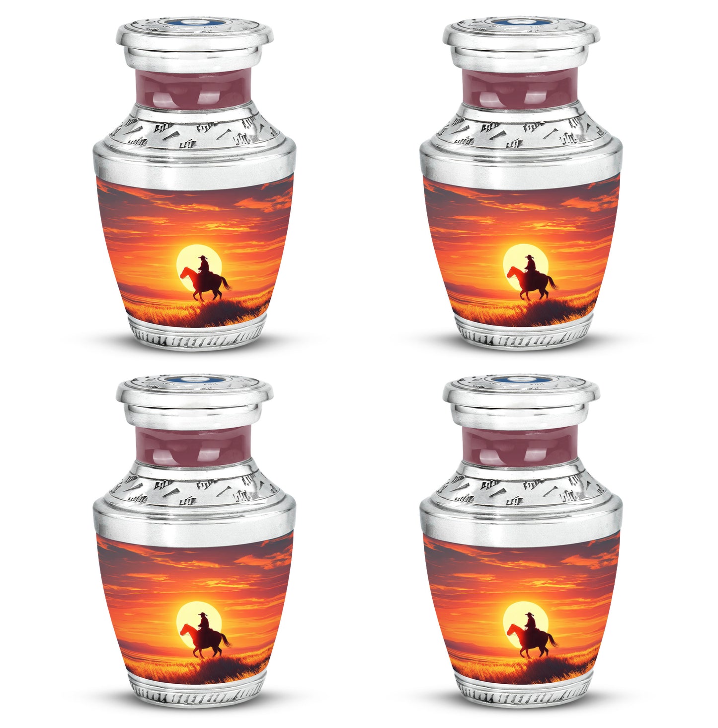 Crimson Red Cowboy Cremation Urn back view with polished surface - modern art-inspired cowboy motif on sleek aluminum - 10 inch aluminum urn for cremated remains
