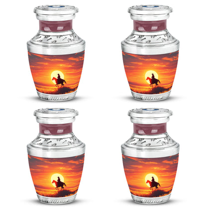 Crimson Red Cowboy Cremation Urn back view with polished surface - modern art-inspired cowboy motif on sleek aluminum - 10 inch aluminum urn for cremated remains