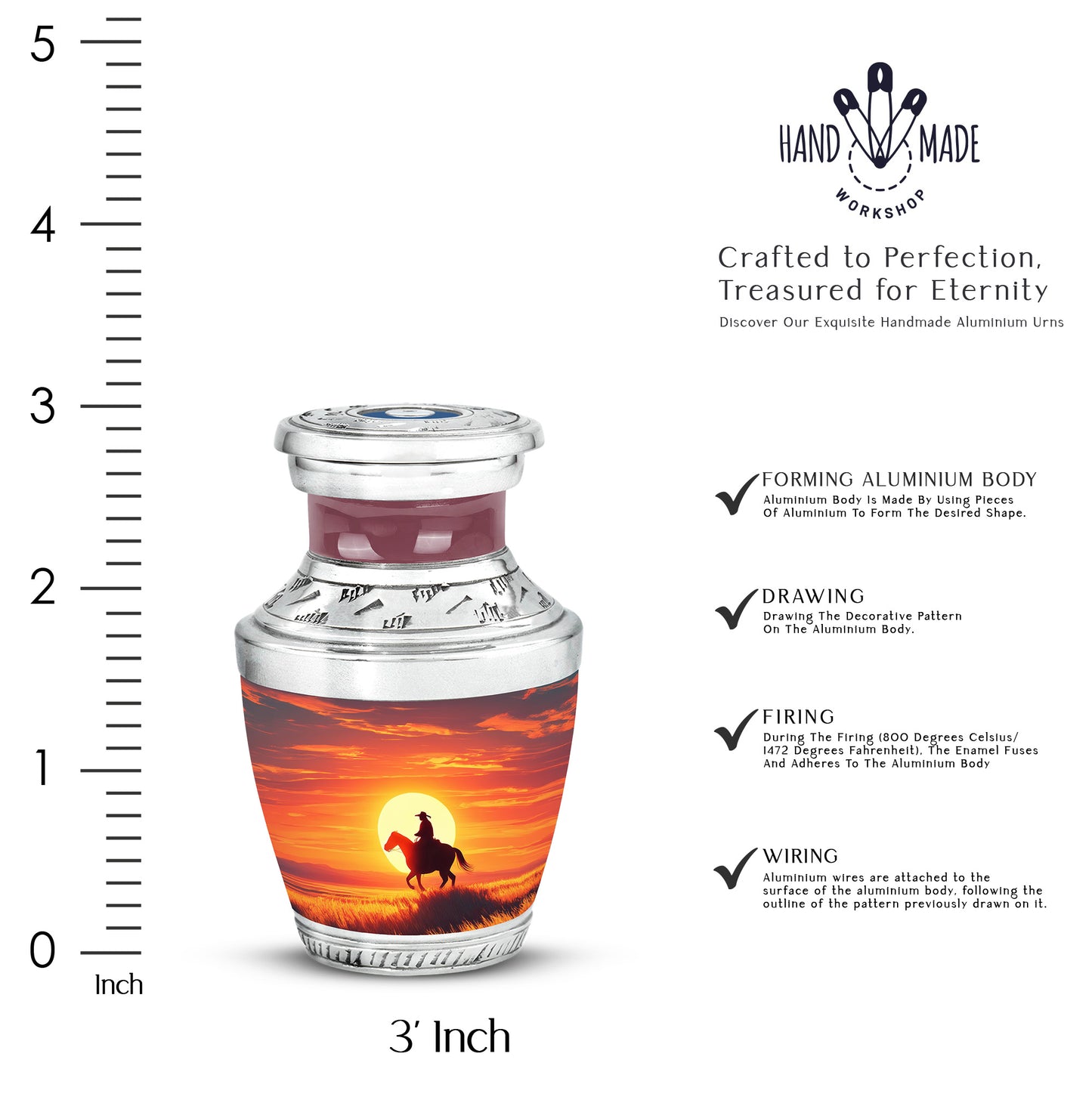 Crimson Red Cowboy Cremation Urn top-down view of secure threaded lid - contemporary cowboy design with modern artistic flair - mini keepsake memorial for portion of cremation ashes