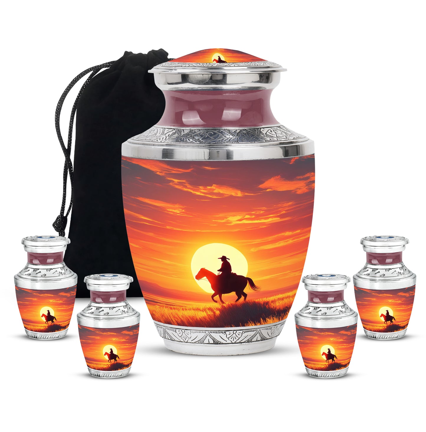 Scarlet Red Cowboy Cremation Urn lifestyle display on memorial shelf - stylized abstract cowboy pattern with bold lines - memorial set with one large and four small urns