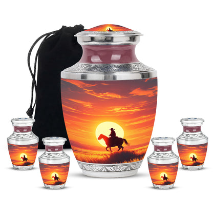 Scarlet Red Cowboy Cremation Urn lifestyle display on memorial shelf - stylized abstract cowboy pattern with bold lines - memorial set with one large and four small urns