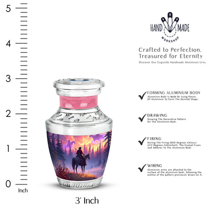 Rich Red Cowboy Cremation Urn top-down view of secure threaded lid - stylized abstract cowboy pattern with bold lines - mini keepsake memorial for portion of cremation ashes