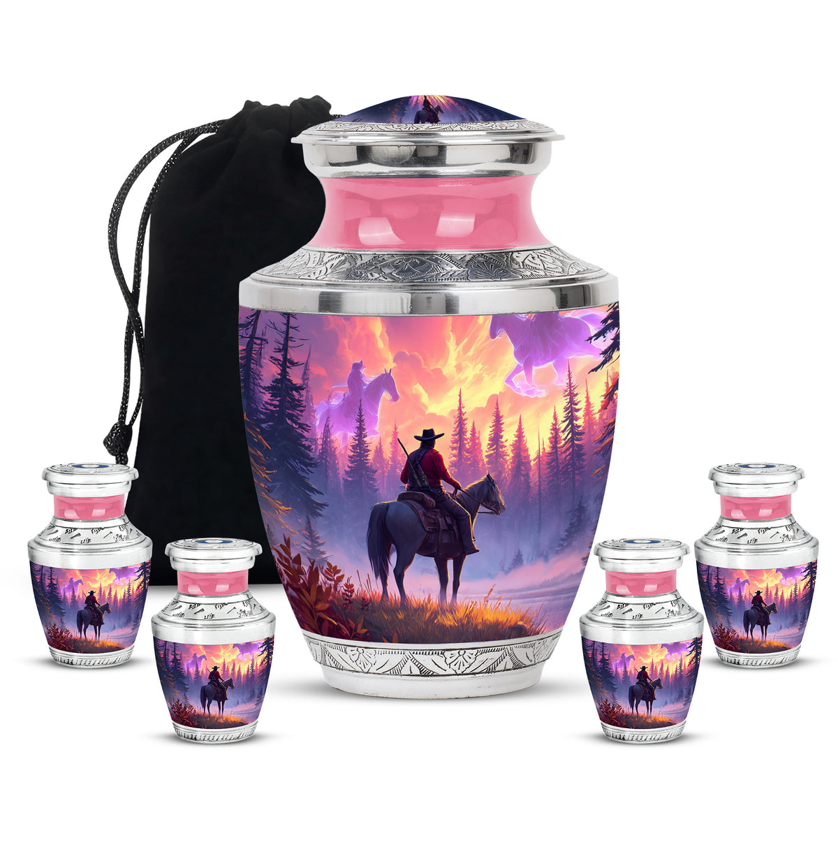 Crimson Red Cowboy Cremation Urn lifestyle display on memorial shelf - modern art-inspired cowboy motif on sleek aluminum - memorial set with one large and four small urns