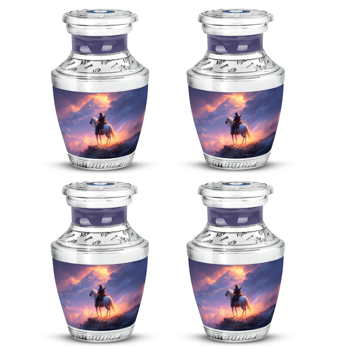 Burgundy Red Cowboy Cremation Urn back view with polished surface - modern art-inspired cowboy motif on sleek aluminum - 10 inch aluminum urn for cremated remains