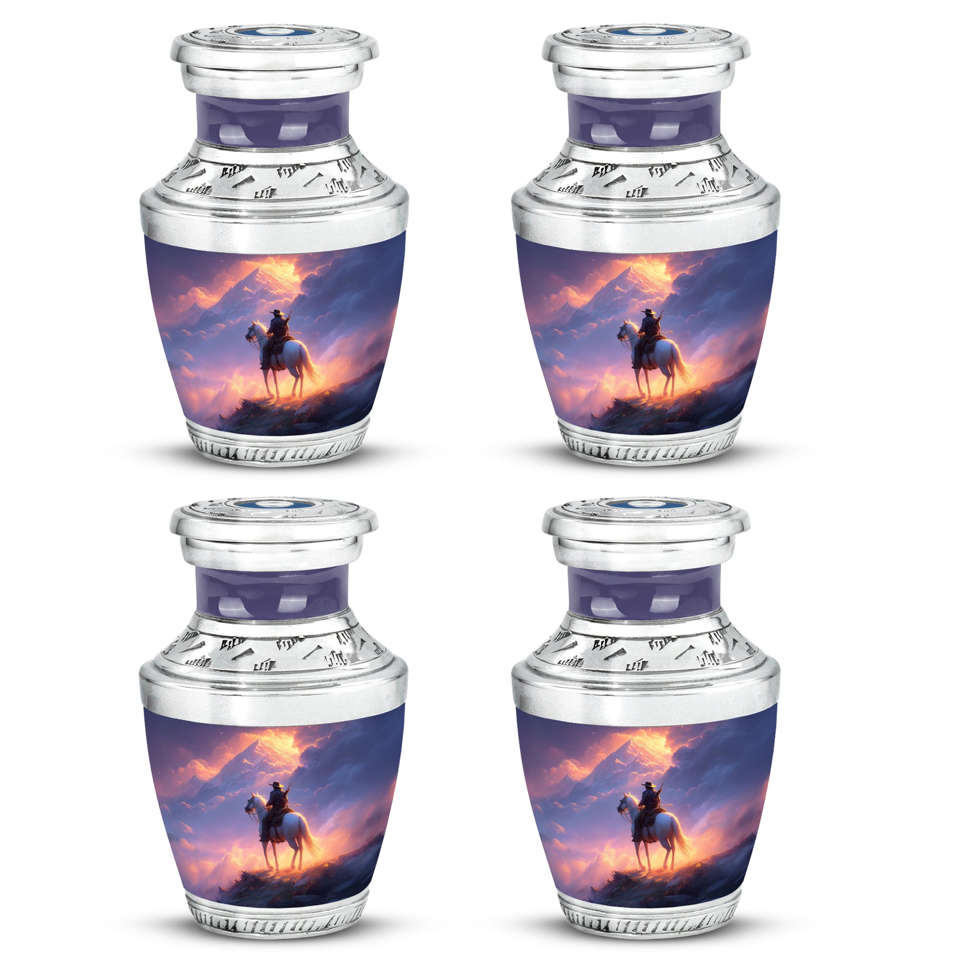 Burgundy Red Cowboy Cremation Urn back view with polished surface - modern art-inspired cowboy motif on sleek aluminum - 10 inch aluminum urn for cremated remains