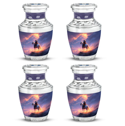 Burgundy Red Cowboy Cremation Urn back view with polished surface - modern art-inspired cowboy motif on sleek aluminum - 10 inch aluminum urn for cremated remains