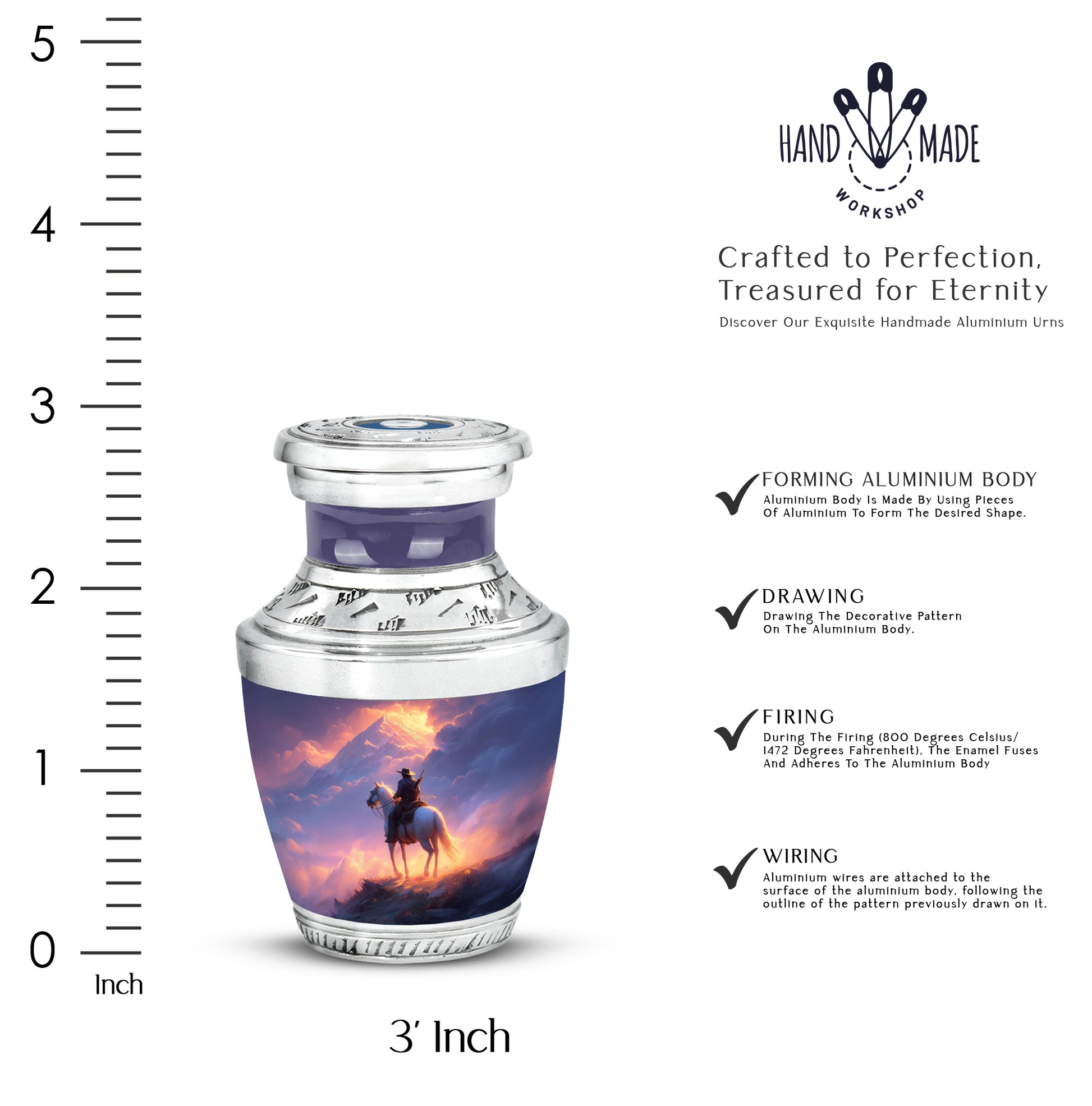 Scarlet Red Cowboy Cremation Urn top-down view of secure threaded lid - artistic cowboy interpretation with creative detail - mini keepsake memorial for portion of cremation ashes