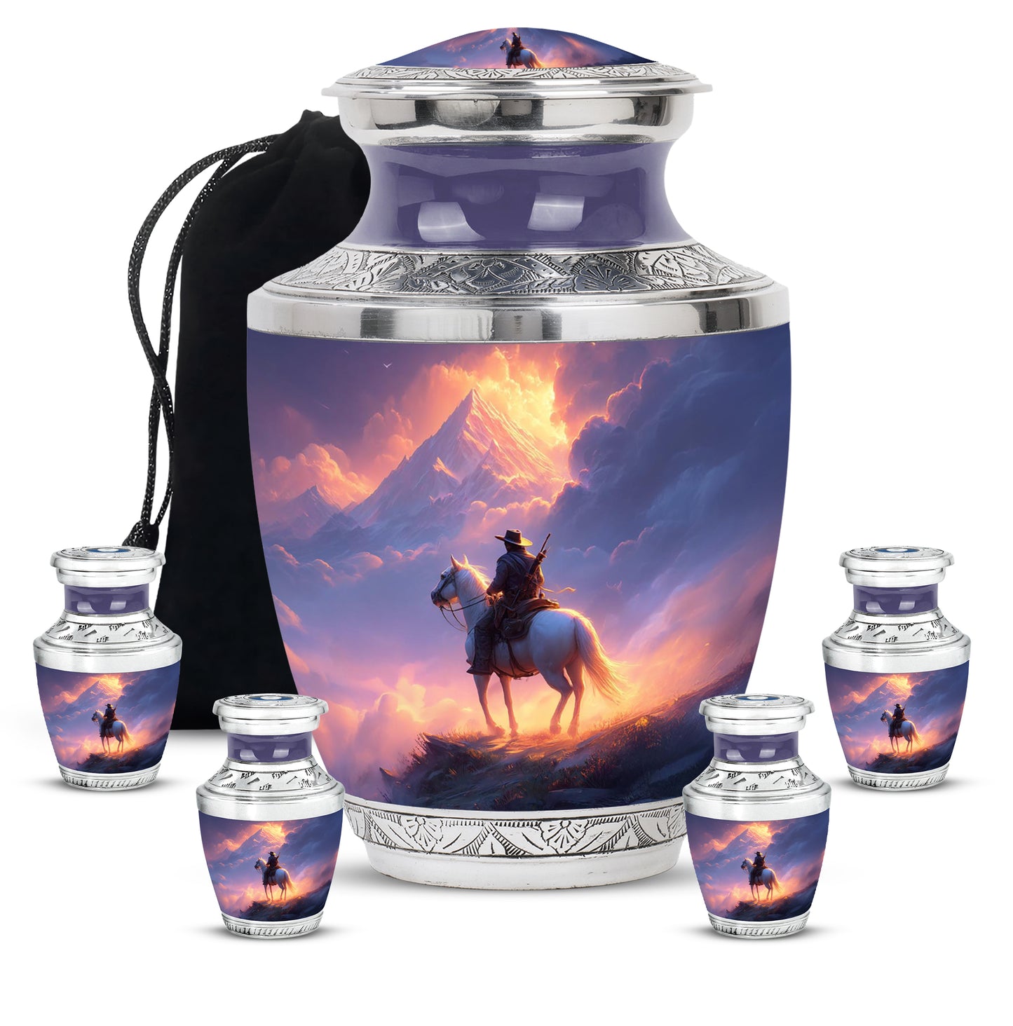 Scarlet Red Cowboy Cremation Urn lifestyle display on memorial shelf - artistic cowboy interpretation with creative detail - memorial set with one large and four small urns