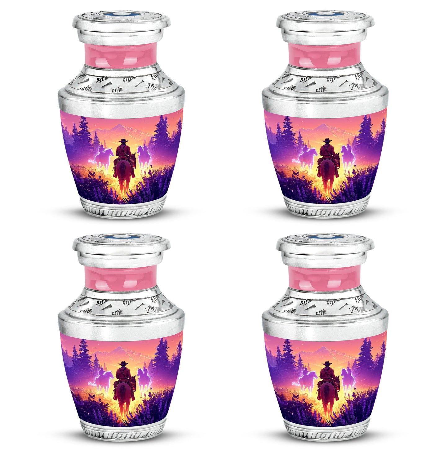 Rose Pink Cowboy Cremation Urn back view with polished surface - contemporary cowboy design with modern artistic flair - 10 inch aluminum urn for cremated remains