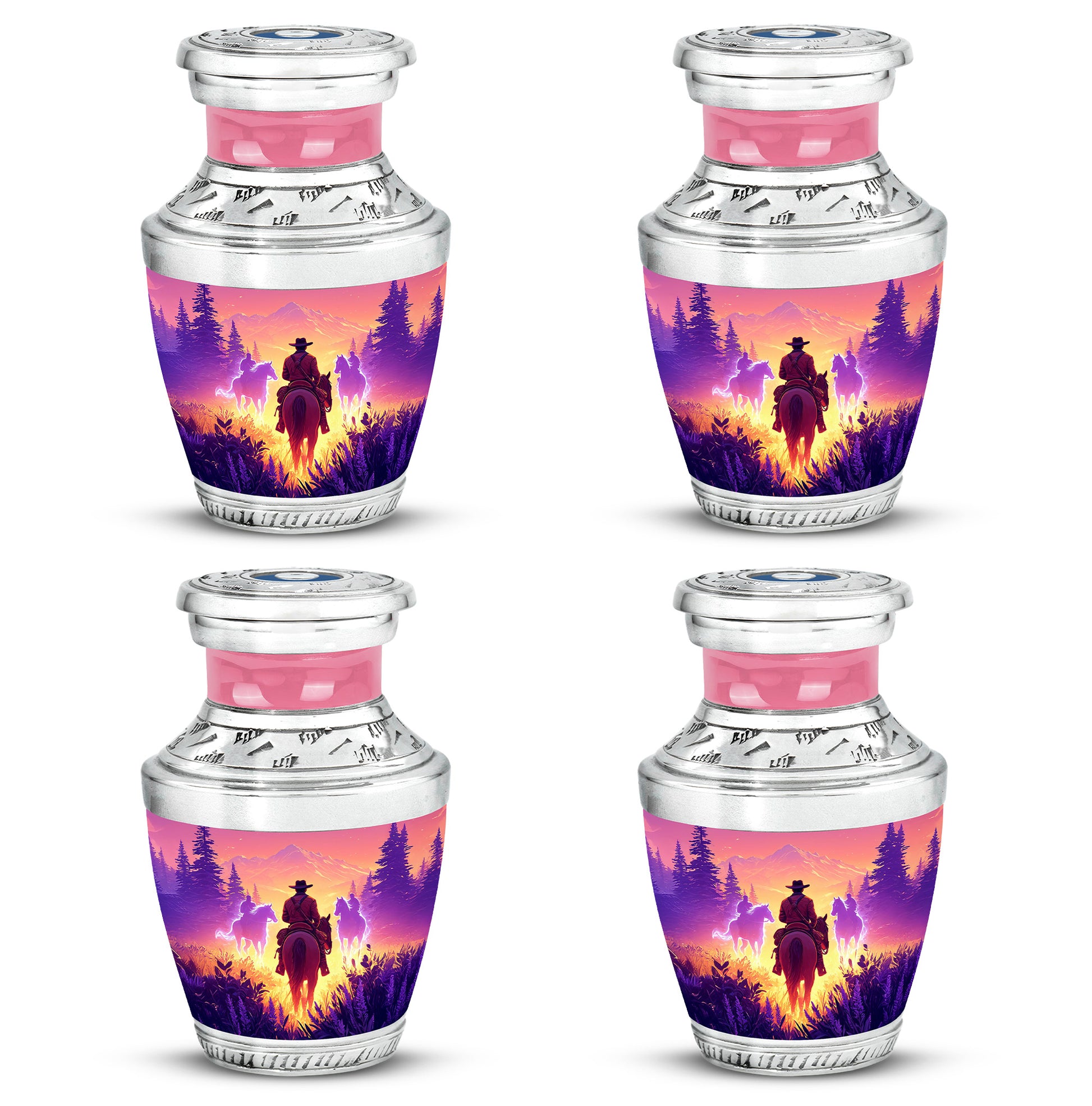Rose Pink Cowboy Cremation Urn back view with polished surface - contemporary cowboy design with modern artistic flair - 10 inch aluminum urn for cremated remains