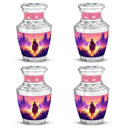 Rose Pink Cowboy Cremation Urn back view with polished surface - contemporary cowboy design with modern artistic flair - 10 inch aluminum urn for cremated remains