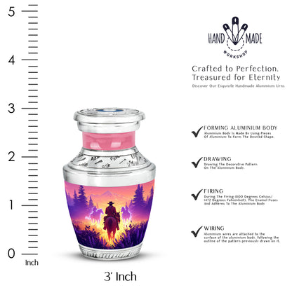 Petal Pink Cowboy Cremation Urn top-down view of secure threaded lid - artistic cowboy interpretation with creative detail - mini keepsake memorial for portion of cremation ashes