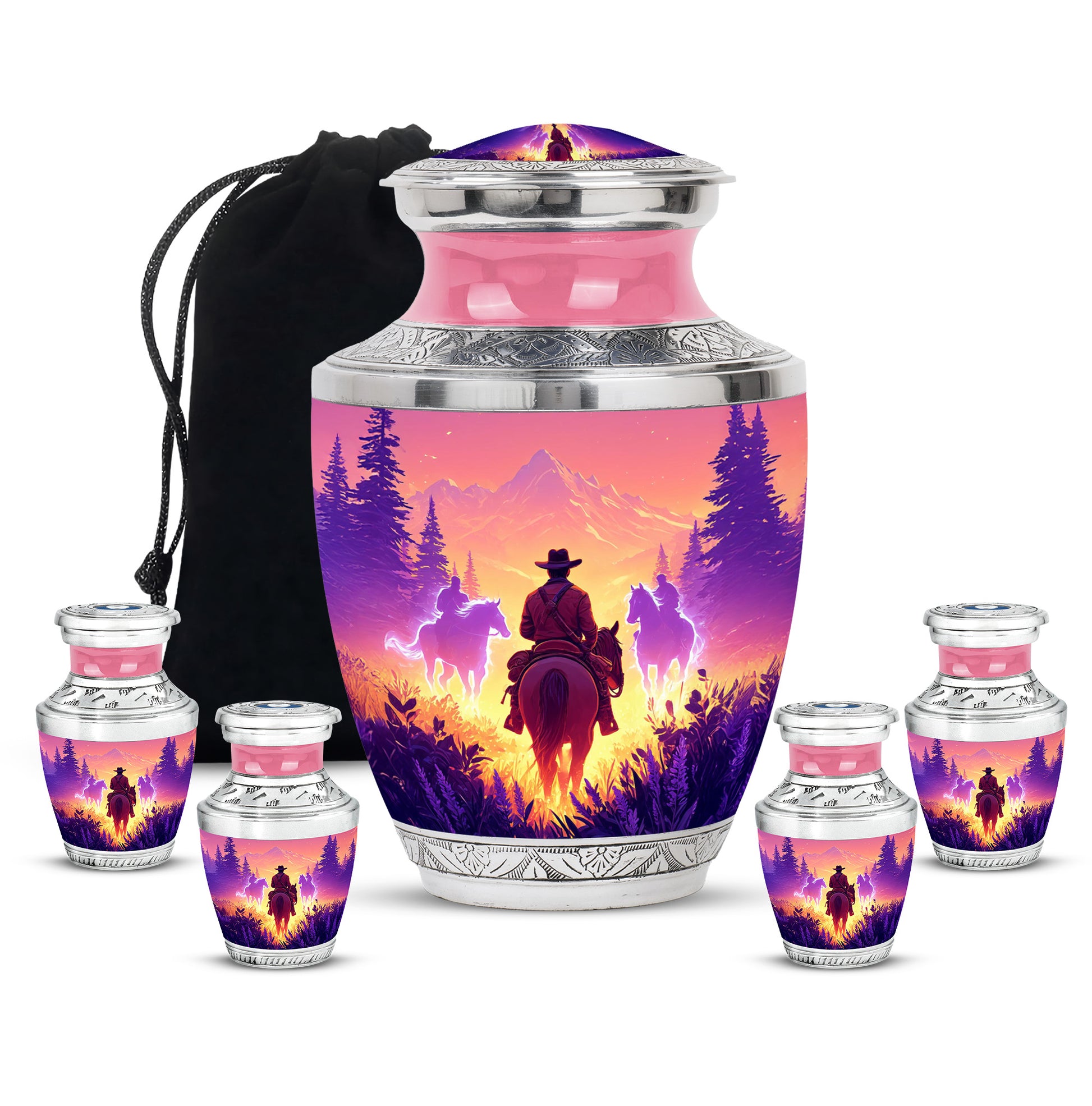 Vintage Pink Cowboy Cremation Urn lifestyle display on memorial shelf - artistic cowboy interpretation with creative detail - memorial set with one large and four small urns