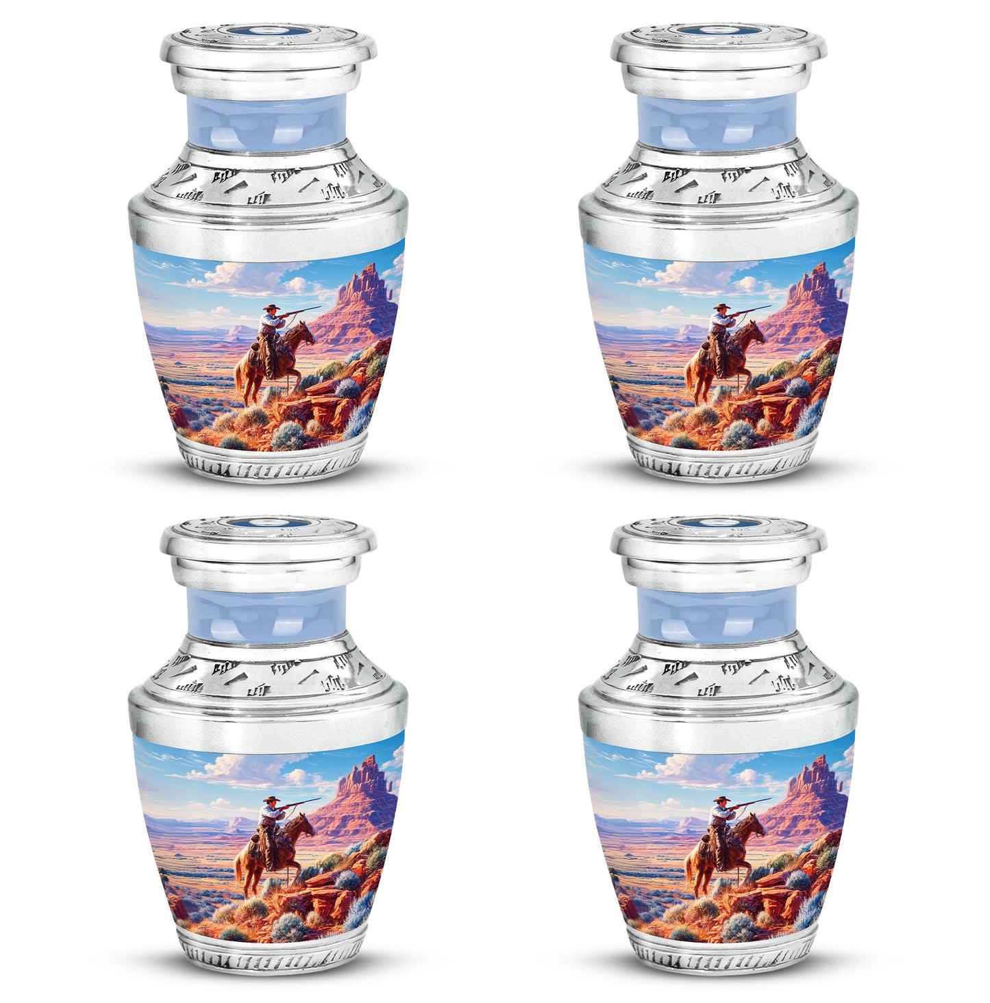 Calming Blue Cowboy Cremation Urn back view with polished surface - artistic cowboy interpretation with creative detail - 10 inch aluminum urn for cremated remains