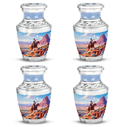 Calming Blue Cowboy Cremation Urn back view with polished surface - artistic cowboy interpretation with creative detail - 10 inch aluminum urn for cremated remains
