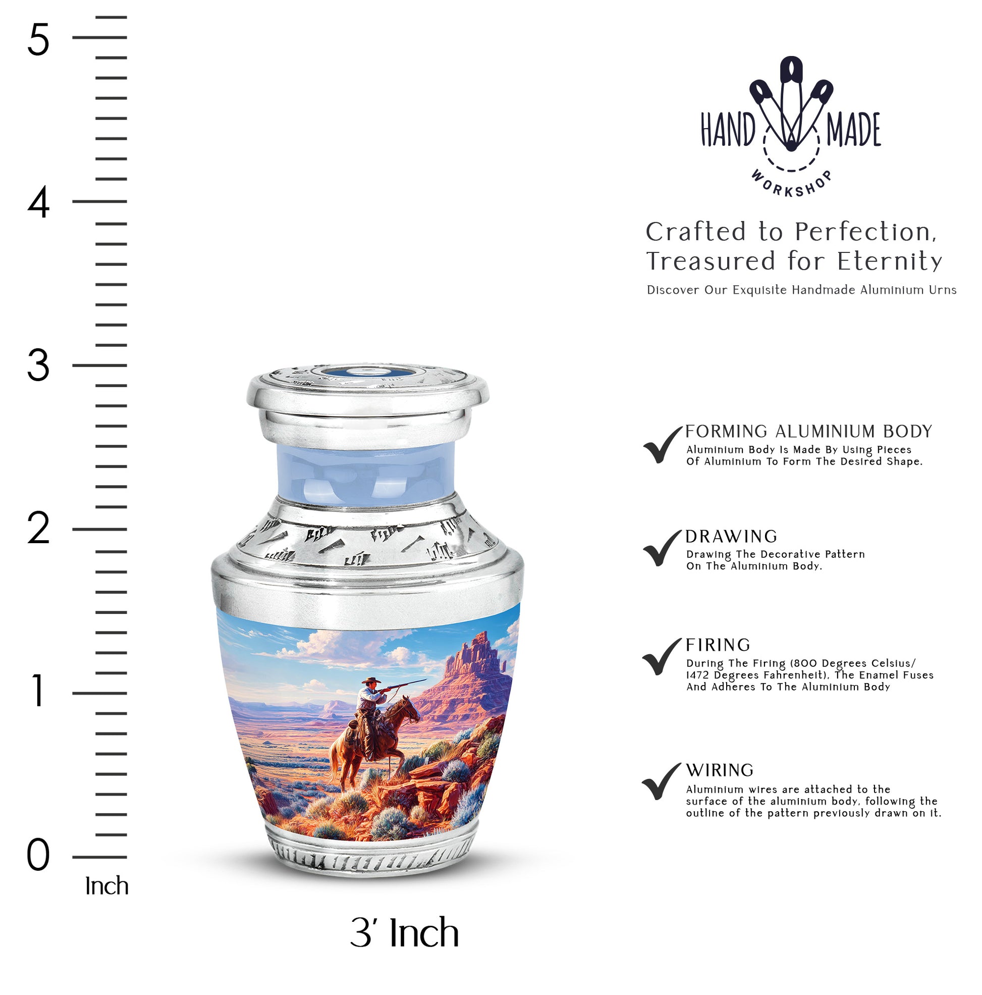 Royal Blue Cowboy Cremation Urn top-down view of secure threaded lid - stylized abstract cowboy pattern with bold lines - mini keepsake memorial for portion of cremation ashes