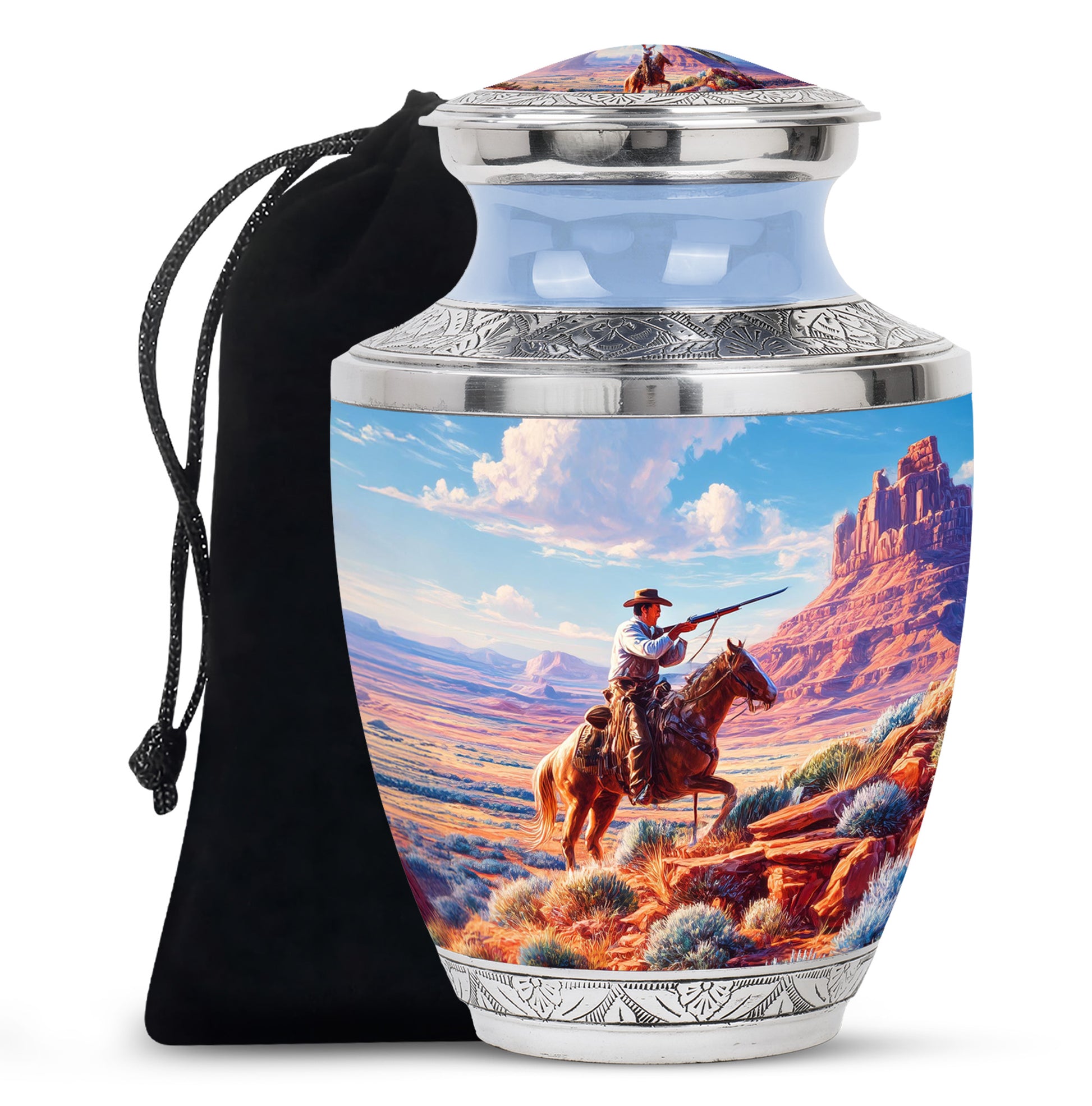 Dusty Blue Cowboy Cremation Urn side profile showing urn shape - contemporary cowboy design with modern artistic flair - full-size 10 inch 200 cubic inch adult cremation urn