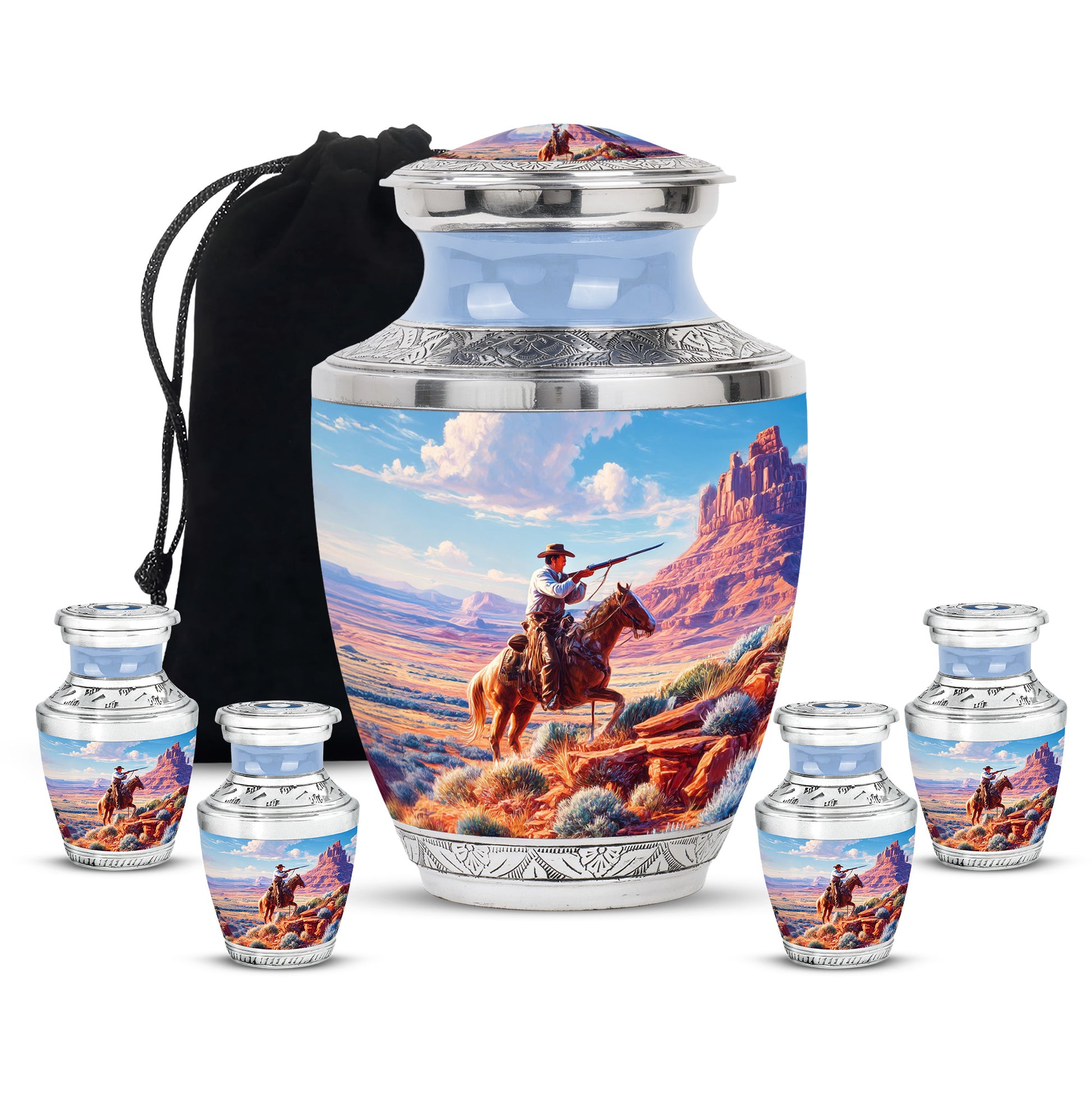 Slate Blue Cowboy Cremation Urn lifestyle display on memorial shelf - modern art-inspired cowboy motif on sleek aluminum - memorial set with one large and four small urns