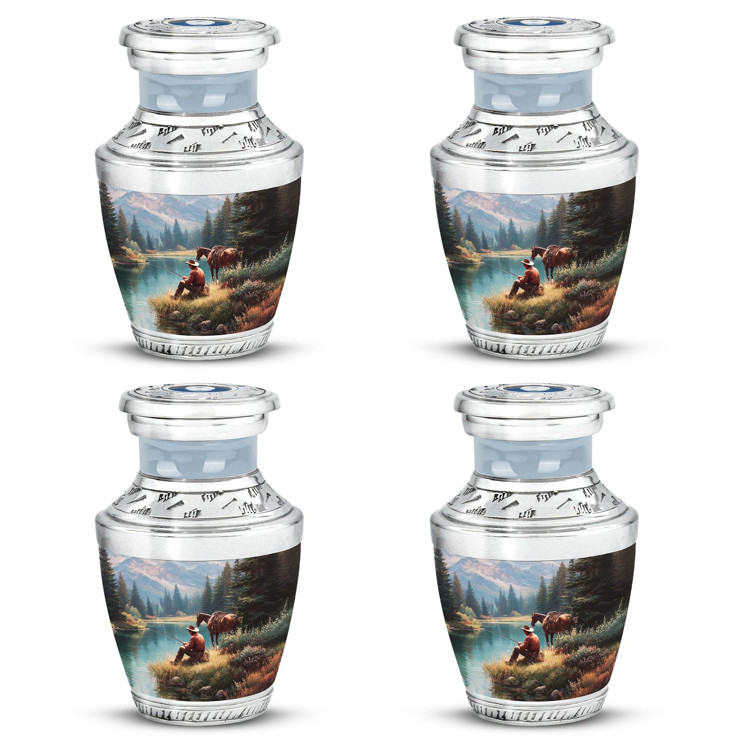 Sky Blue Cowboy Cremation Urn back view with polished surface - modern art-inspired cowboy motif on sleek aluminum - 10 inch aluminum urn for cremated remains
