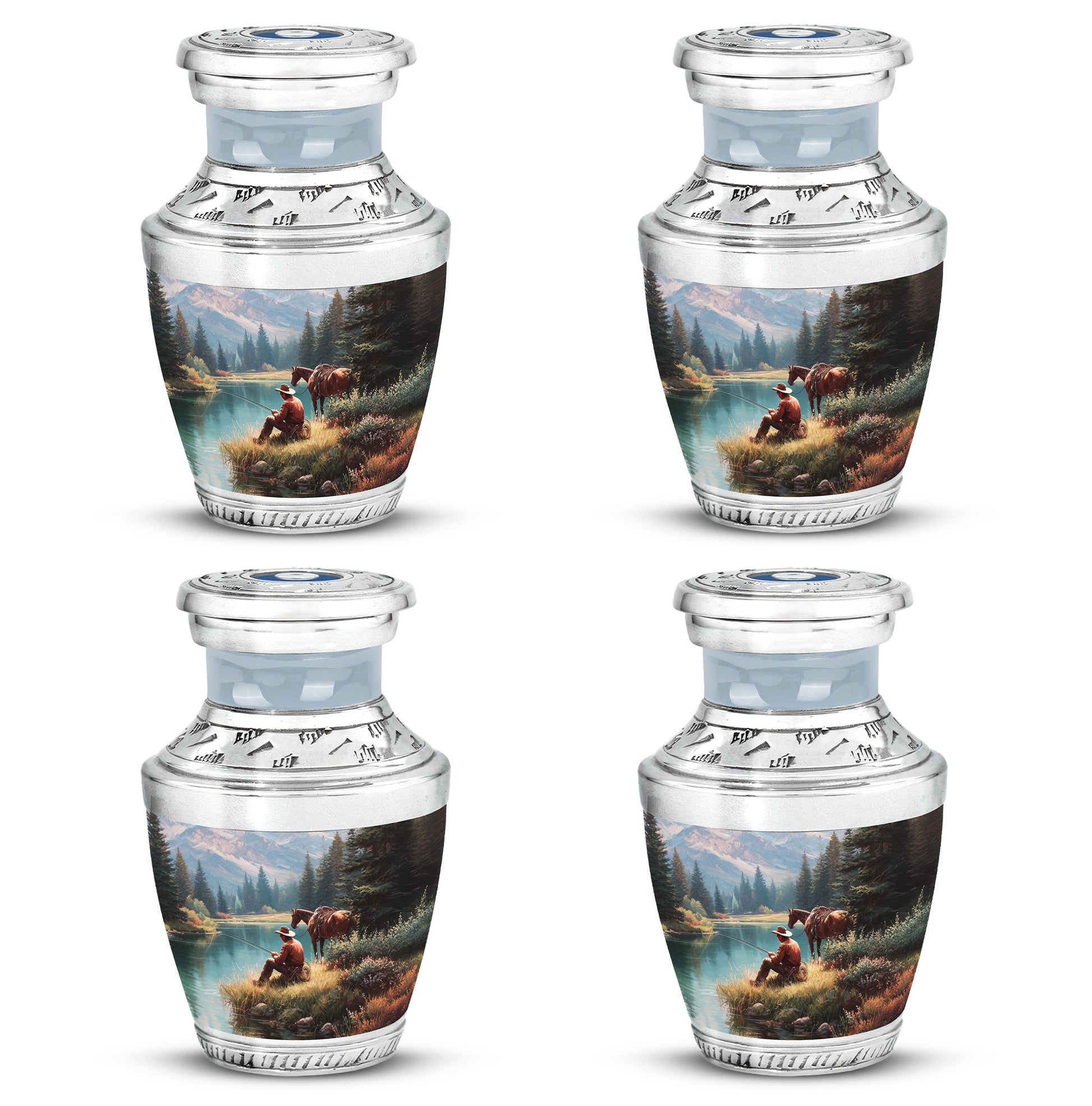 Sky Blue Cowboy Cremation Urn back view with polished surface - modern art-inspired cowboy motif on sleek aluminum - 10 inch aluminum urn for cremated remains