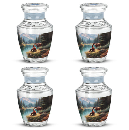 Sky Blue Cowboy Cremation Urn back view with polished surface - modern art-inspired cowboy motif on sleek aluminum - 10 inch aluminum urn for cremated remains