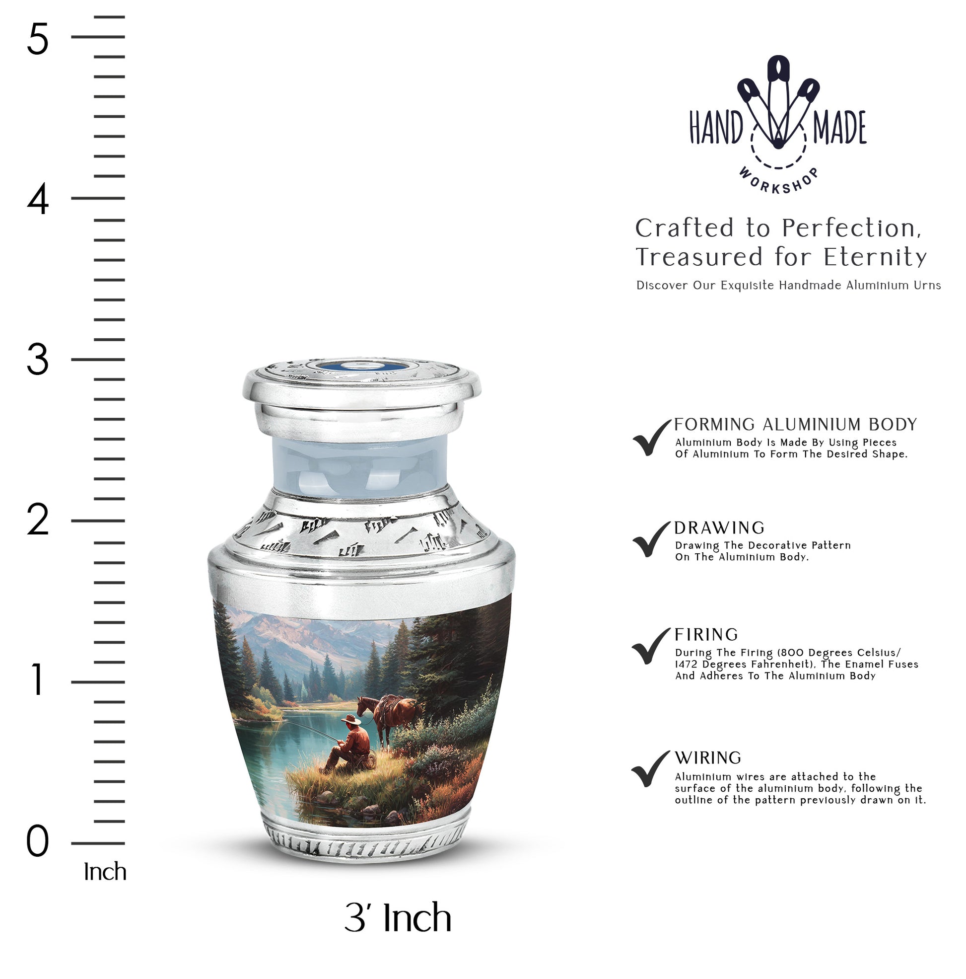 Royal Blue Cowboy Cremation Urn top-down view of secure threaded lid - artistic cowboy interpretation with creative detail - mini keepsake memorial for portion of cremation ashes