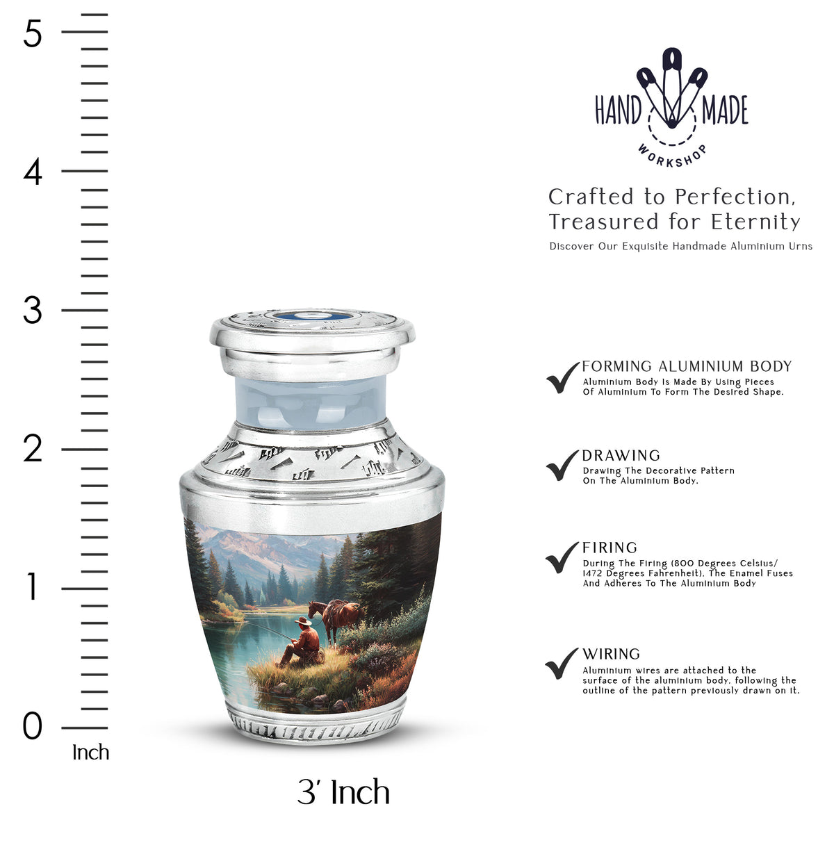 Royal Blue Cowboy Cremation Urn top-down view of secure threaded lid - artistic cowboy interpretation with creative detail - mini keepsake memorial for portion of cremation ashes