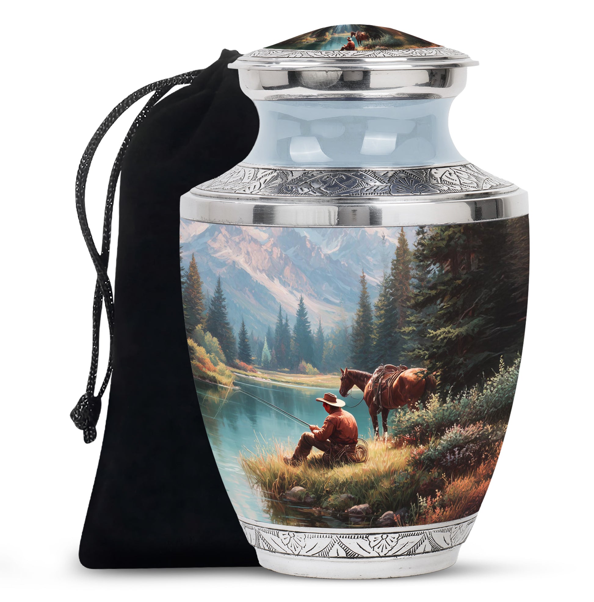 Steel Blue Cowboy Cremation Urn side profile showing urn shape - artistic cowboy interpretation with creative detail - full-size 10 inch 200 cubic inch adult cremation urn