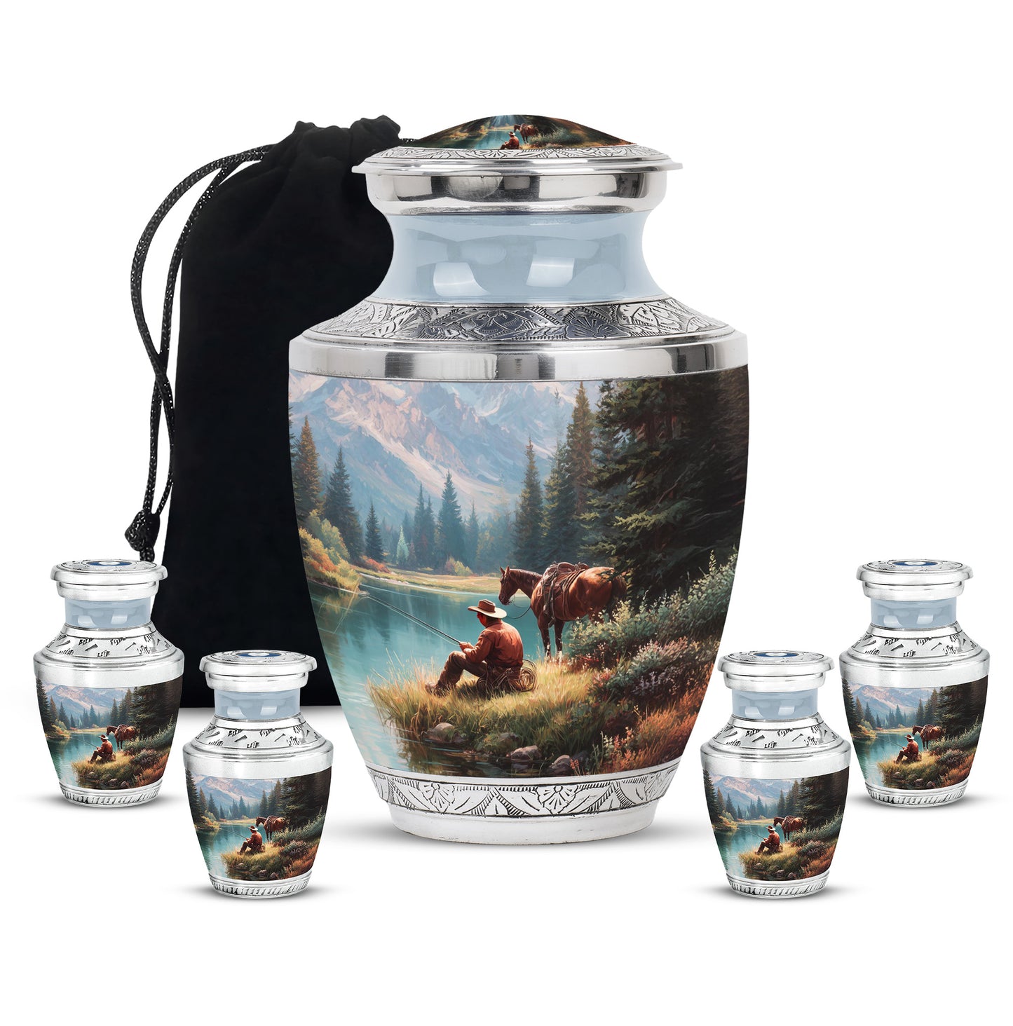 Icy Blue Cowboy Cremation Urn lifestyle display on memorial shelf - modern art-inspired cowboy motif on sleek aluminum - memorial set with one large and four small urns