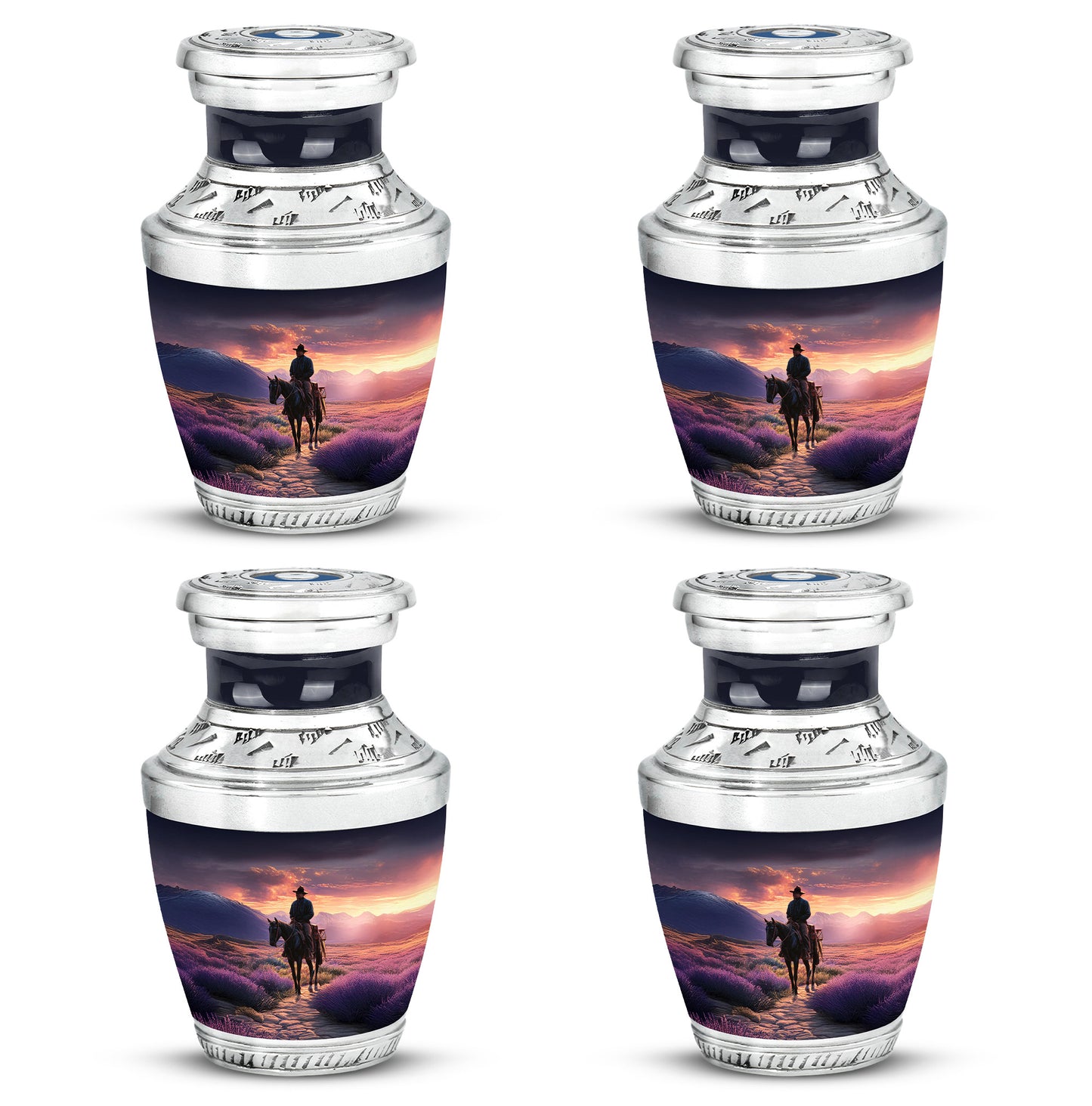 Royal Purple Cowboy Cremation Urn back view with polished surface - artistic cowboy interpretation with creative detail - 10 inch aluminum urn for cremated remains