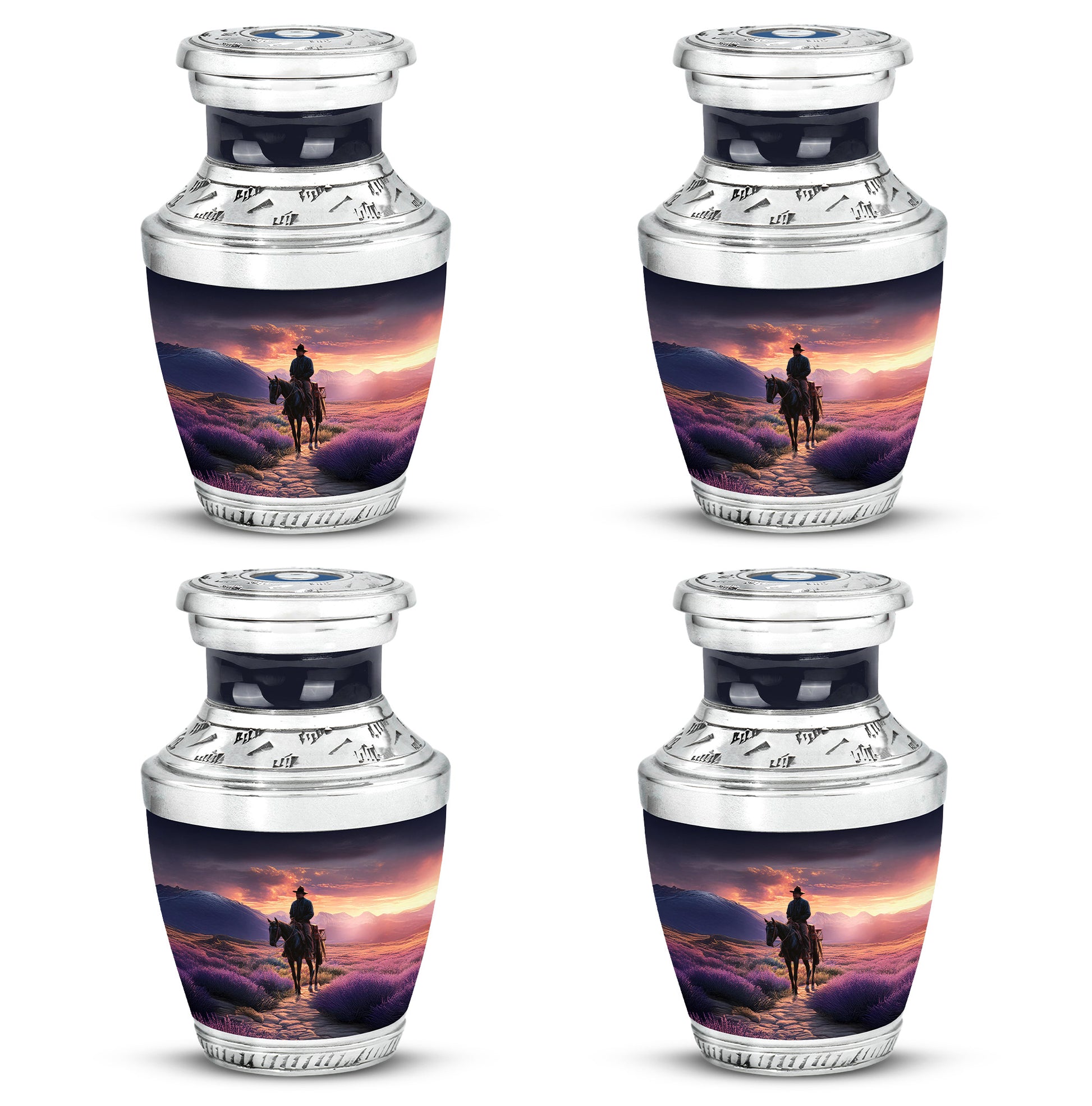 Royal Purple Cowboy Cremation Urn back view with polished surface - artistic cowboy interpretation with creative detail - 10 inch aluminum urn for cremated remains