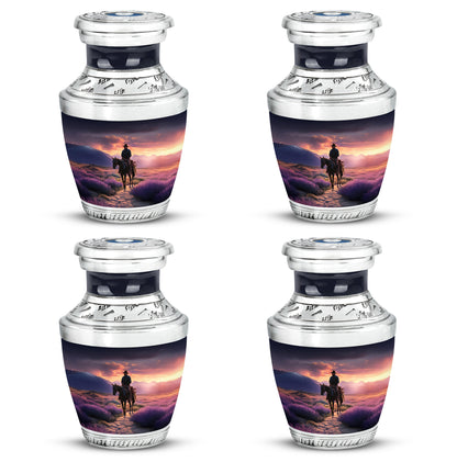 Royal Purple Cowboy Cremation Urn back view with polished surface - artistic cowboy interpretation with creative detail - 10 inch aluminum urn for cremated remains