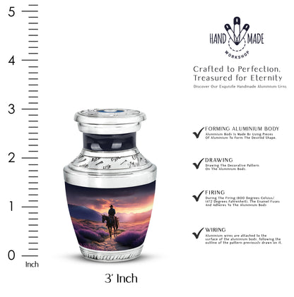Majestic Purple Cowboy Cremation Urn top-down view of secure threaded lid - contemporary cowboy design with modern artistic flair - mini keepsake memorial for portion of cremation ashes