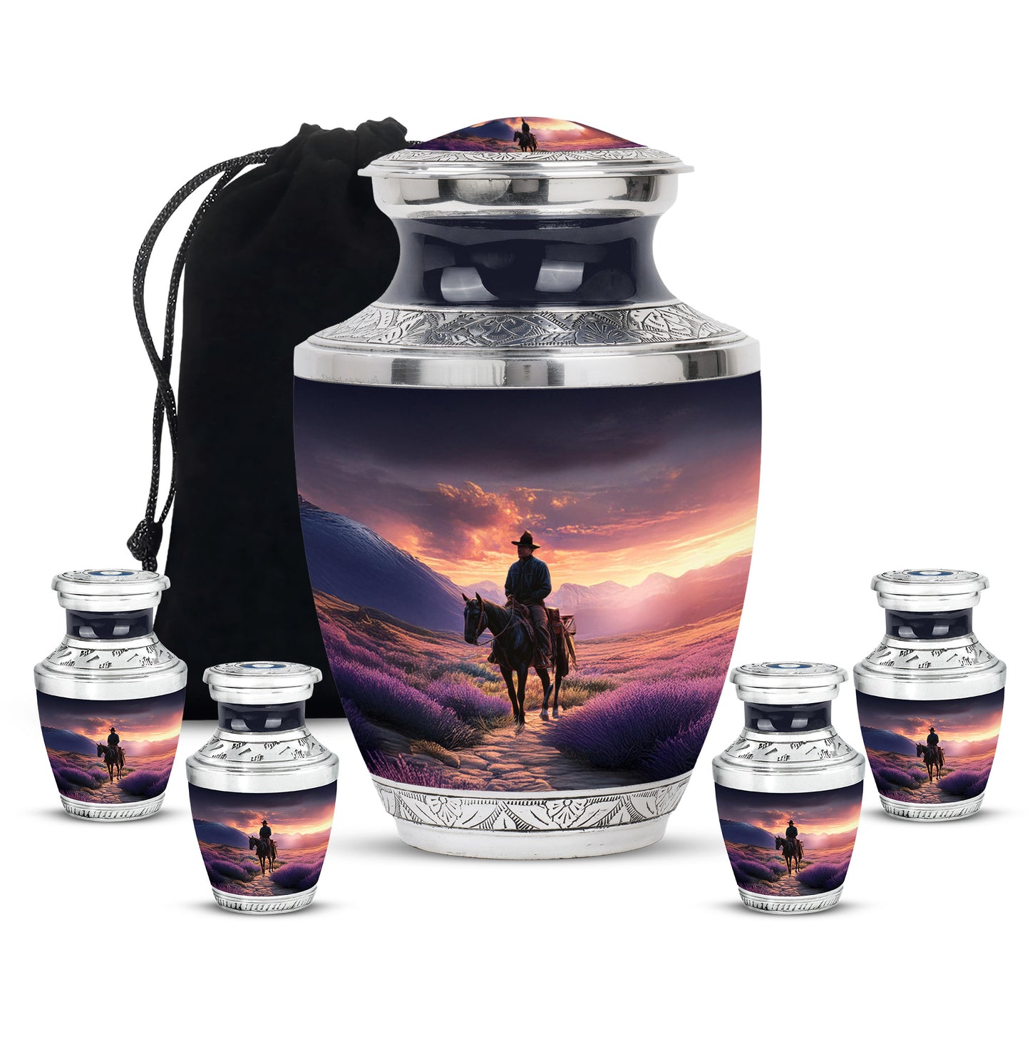 Amethyst Purple Cowboy Cremation Urn lifestyle display on memorial shelf - modern art-inspired cowboy motif on sleek aluminum - memorial set with one large and four small urns