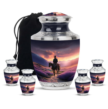 Amethyst Purple Cowboy Cremation Urn lifestyle display on memorial shelf - modern art-inspired cowboy motif on sleek aluminum - memorial set with one large and four small urns