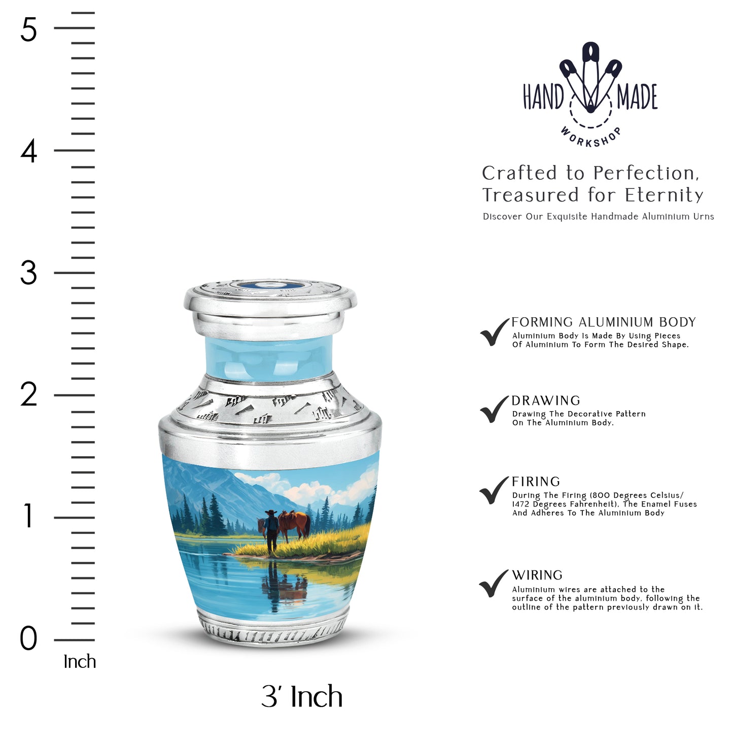 Dusty Blue Cowboy Cremation Urn top-down view of secure threaded lid - contemporary cowboy design with modern artistic flair - mini keepsake memorial for portion of cremation ashes